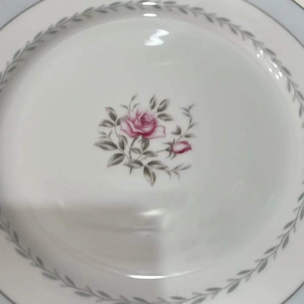 Regency White Blue Silver Trim Pink Floral Rose Set 2 Dinnerware Plate 10 1/4 In